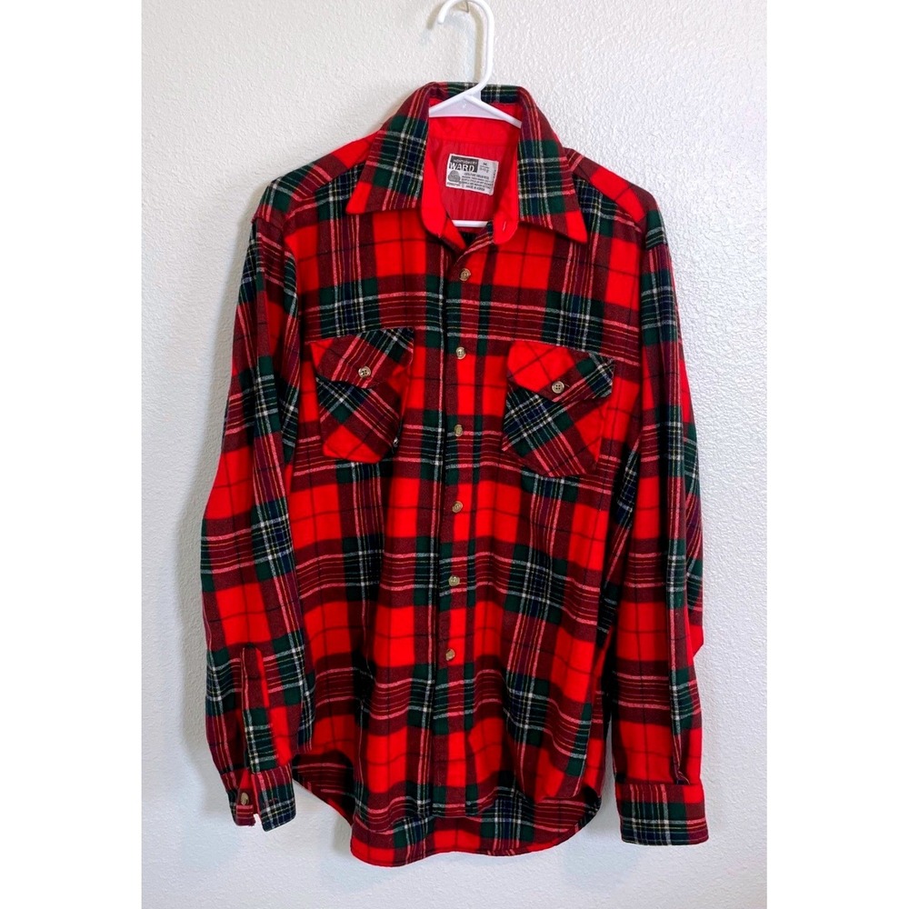 Vintage Men Medium Montgomery Ward 100% Virgin Wool‎ Plaid Flannel Shirt Lined